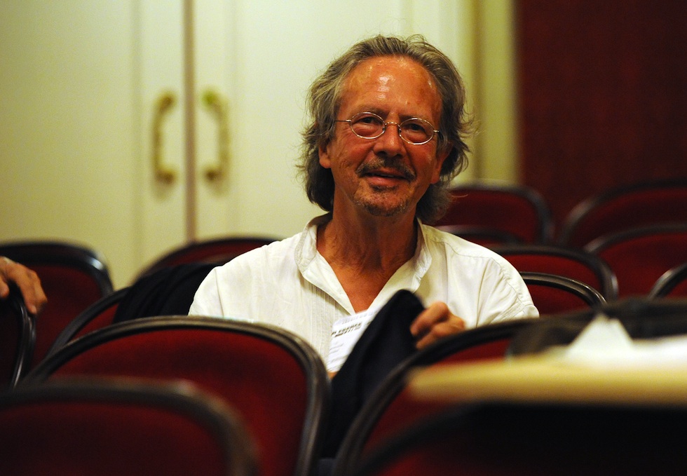 Austrian author Peter Handke is seen during a dress rehearsal of Samuel Beckett's and Peter Handke's drama "Krapp's Last Tape/ Until Day Do You Part or A Question of Light" on Friday Aug. 7, 2009 in Salzburg, Austria. Premiere of the drama, directed by Jossi Wieler, is on Sunday, Aug. 9, 2009 as part of the Salzburg Festival. (AP Photo/Kerstin Joensson)